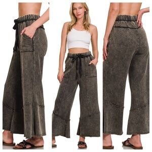 Zenana Acid Wash Boho Flare Pants with Pockets - Black